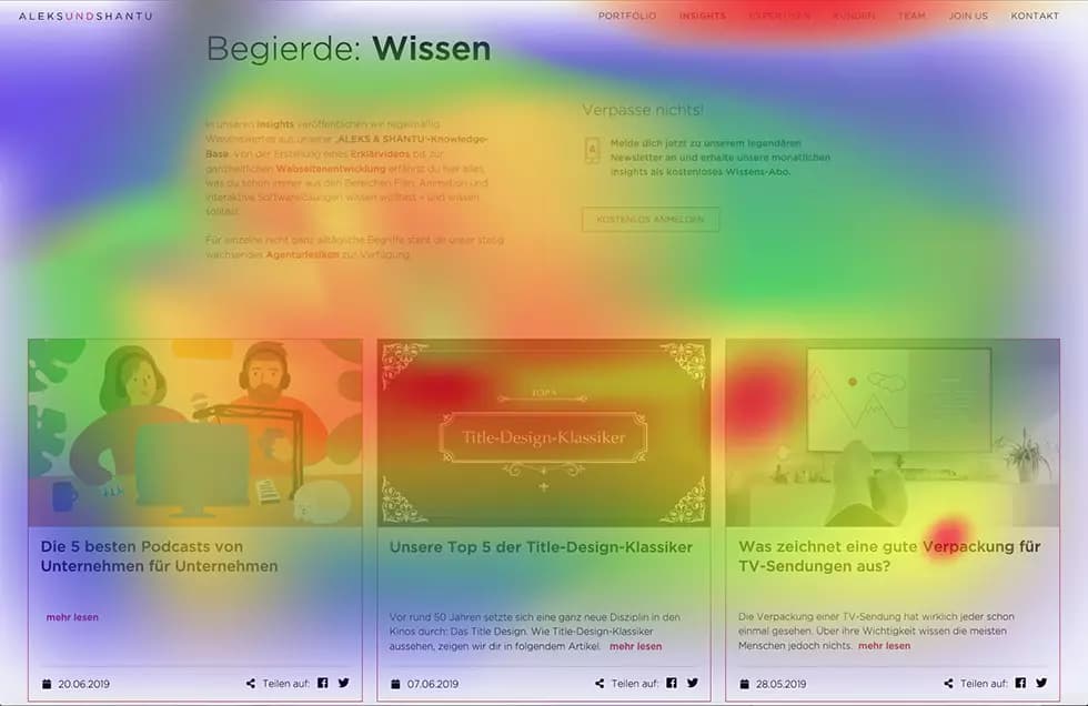Screenshot von www.aleksundshantu.com. Unterseite Agenturlexikon. Ein Wärmebild wurde draufgelegt, um zu versinnbildlichen, wie das Klickverhalten aussehen kann_Glossar