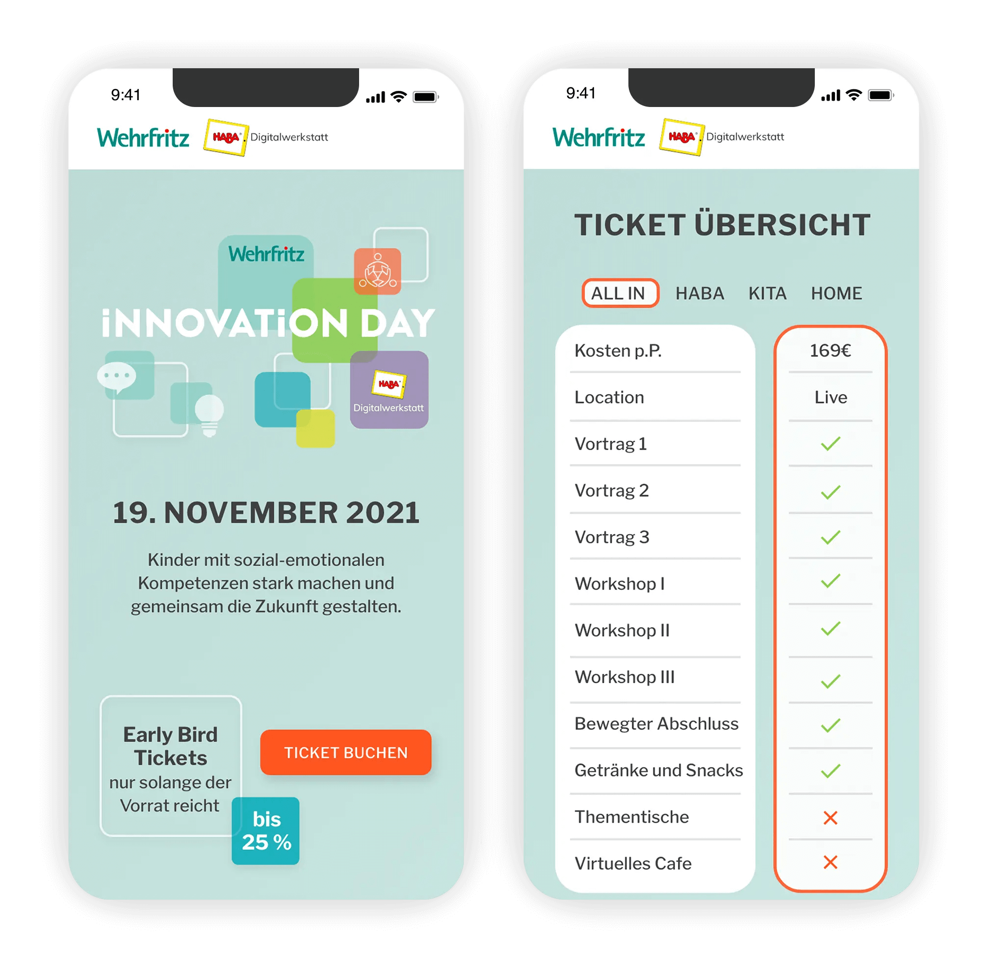 Mobile Ansicht der Innovation Day-Website mit Preismodul