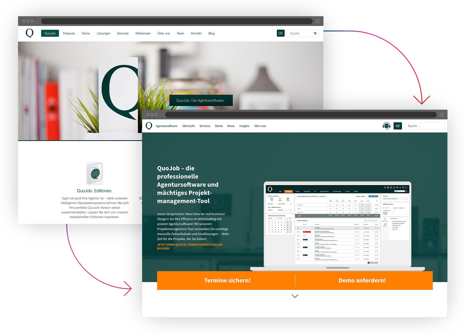 Vorher und Nachher Bild der QuoJob-Website