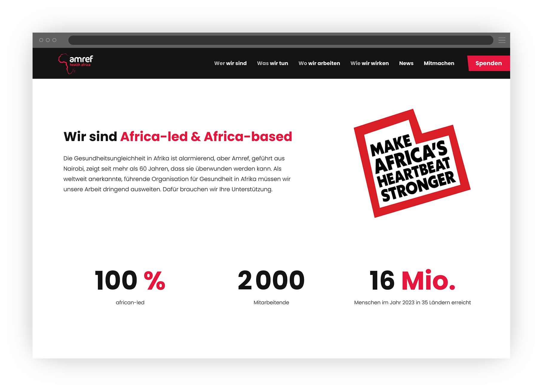 Freisteller von einem Browserfenster was die Amref Health Africa Spendenseite zeigt.