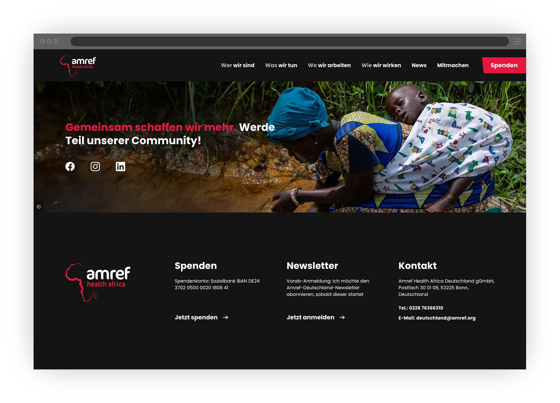 Freisteller von einem Browserfenster was die Amref Health Africa footer zeigt.