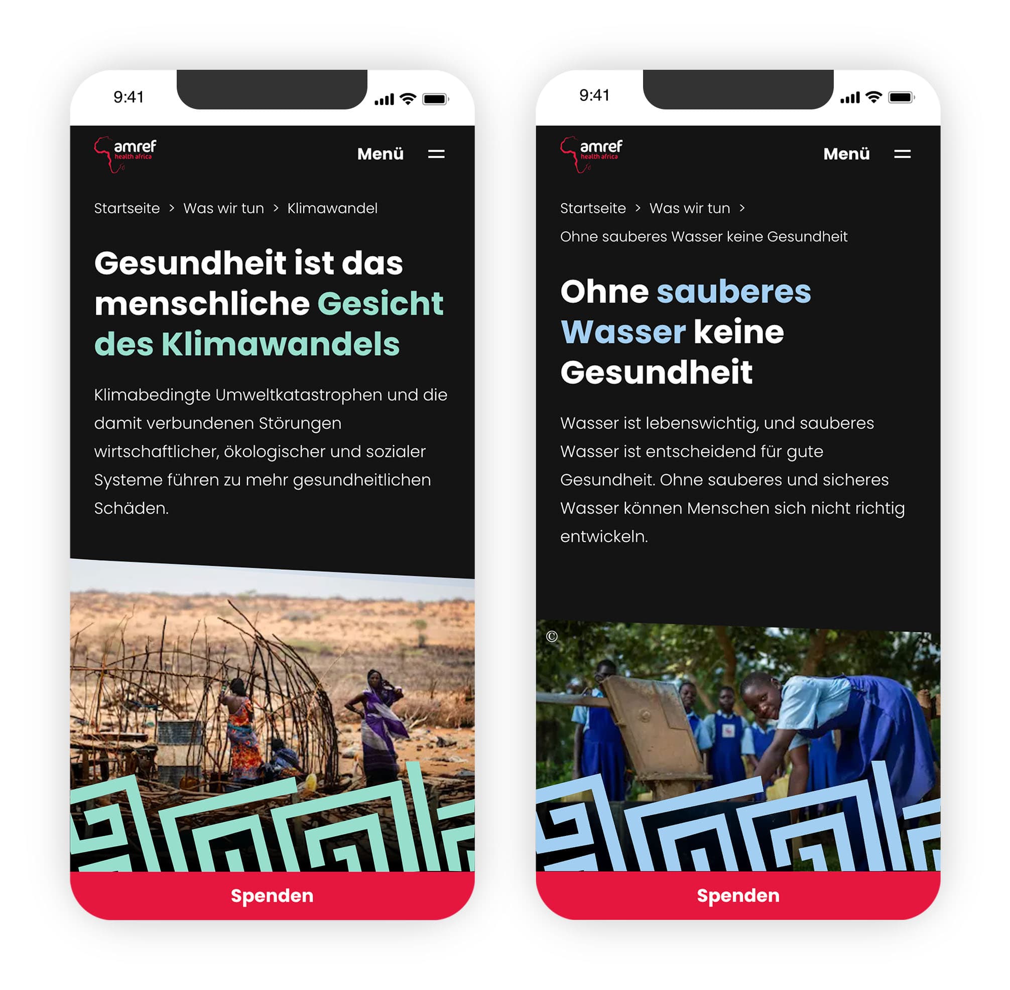 Freisteller von 2 Smartphones die die Amref Healt Africa Seite zeigen.