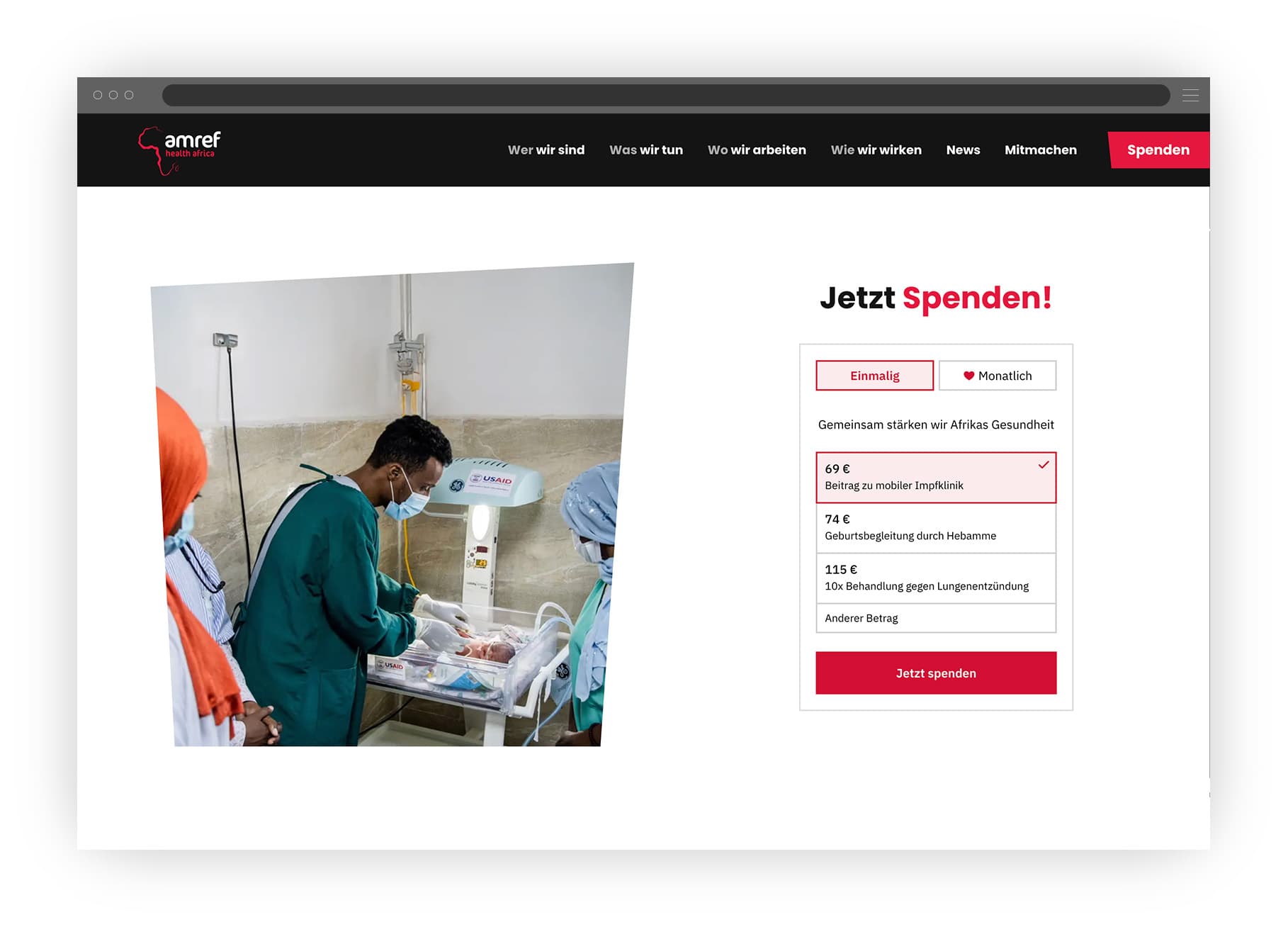 Freisteller von einem Browserfenster was die Amref Health Africa Spendenseite zeigt.