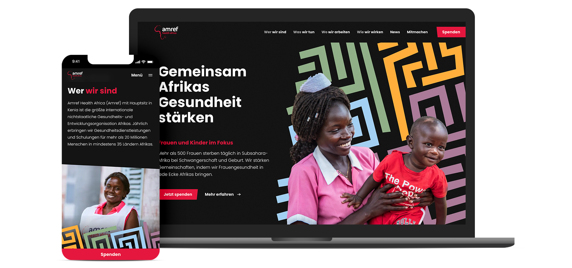 Freisteller eines Laptops und eines Smartphones die die Amref Webseite zeigen.
