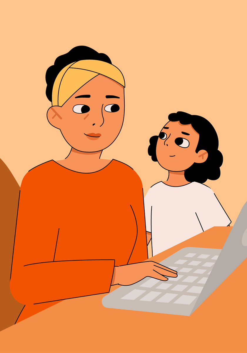 Comicartige Illustration einer Mutter, die am Laptop schreibt, während ihre Tochter neben ihr am Tisch steht