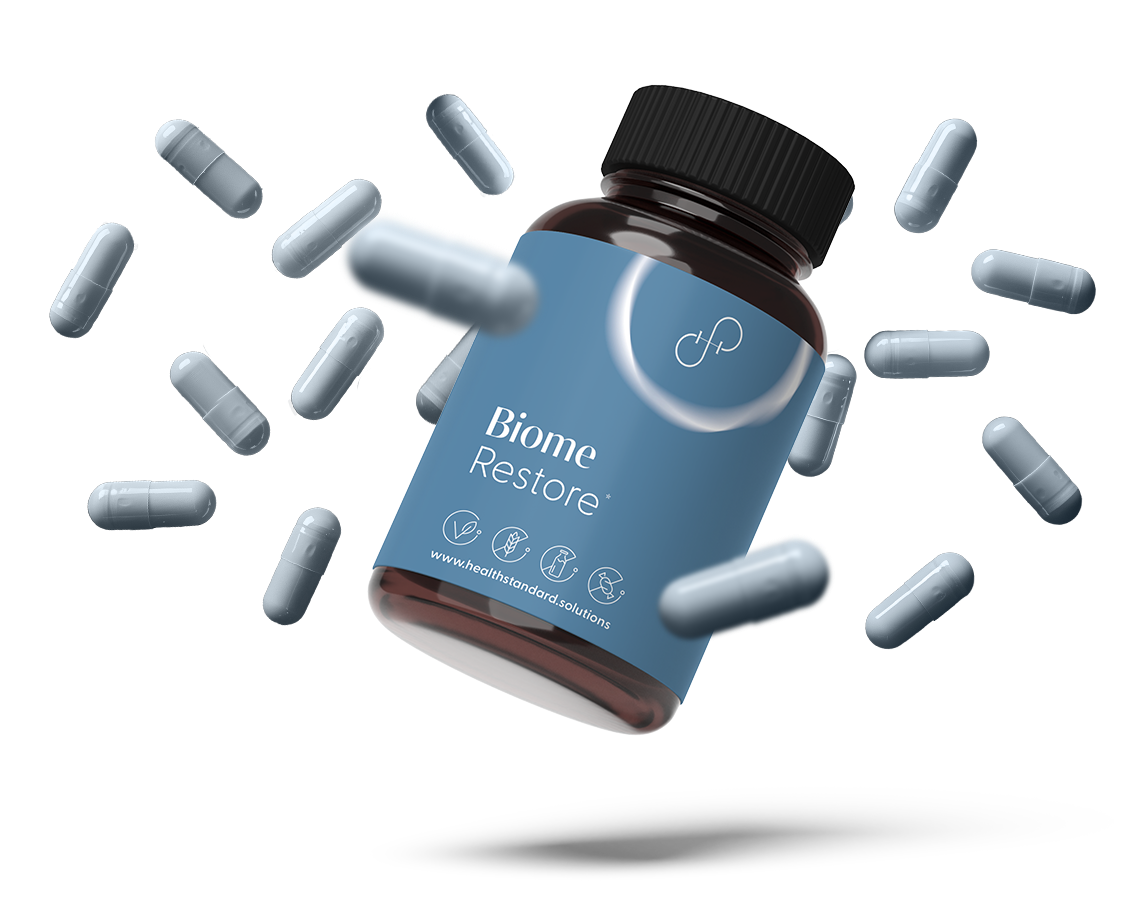Abbild einer schwebenden braunen Flasche mit Kapseln drumherum, das blaue Etikett zeigt Health Standard Solutions und das Produkt Biome Restore