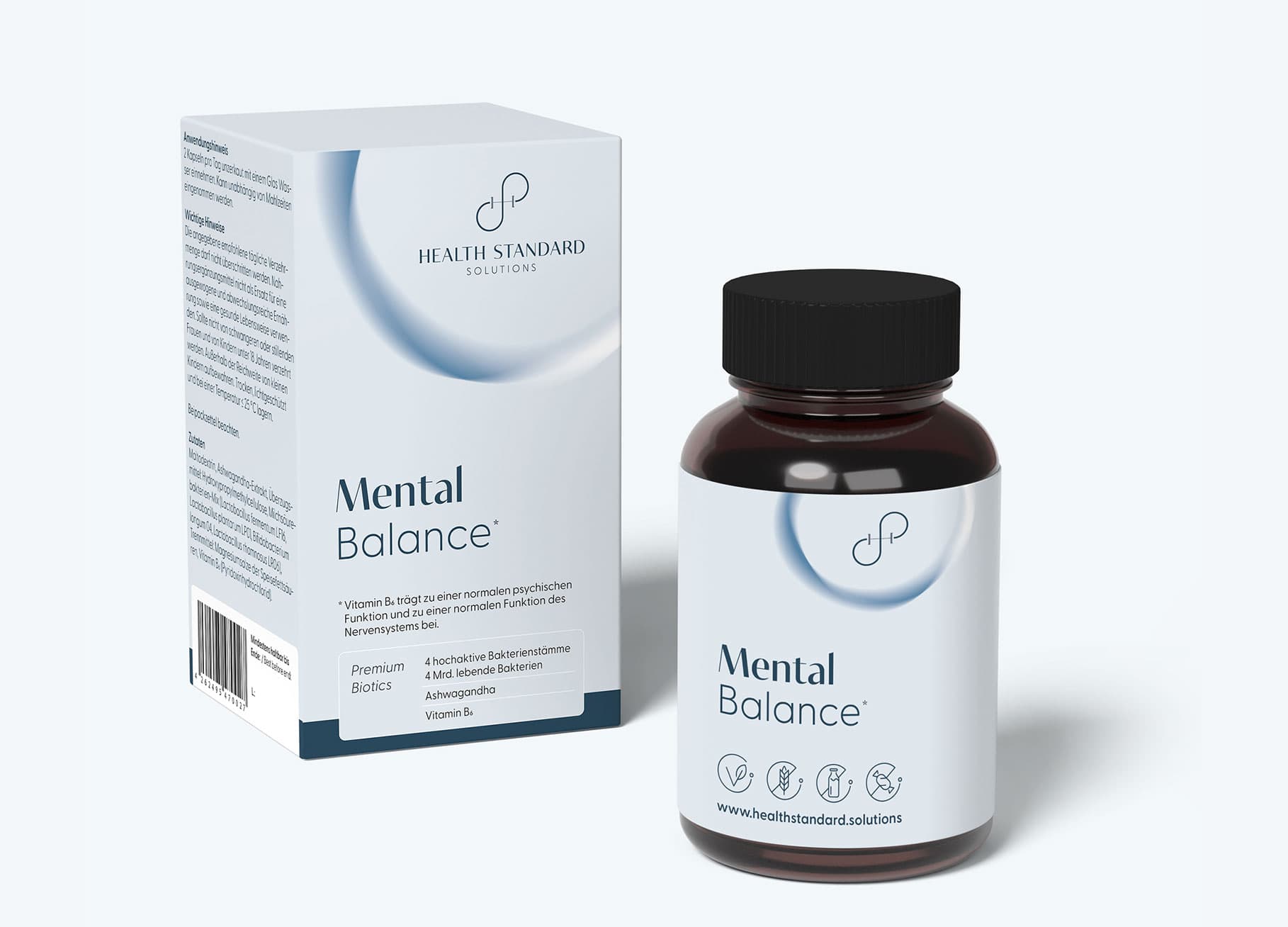 Abbild einer braunen Glasflasche mit hellem Etikett mit Produktbezeichnung Mental Balance und dem Signet von Health Standard Solutions, links daneben eine Schachtelverpackung zur Flasche im gleichen Look wie das Etikett auf der Flasche.