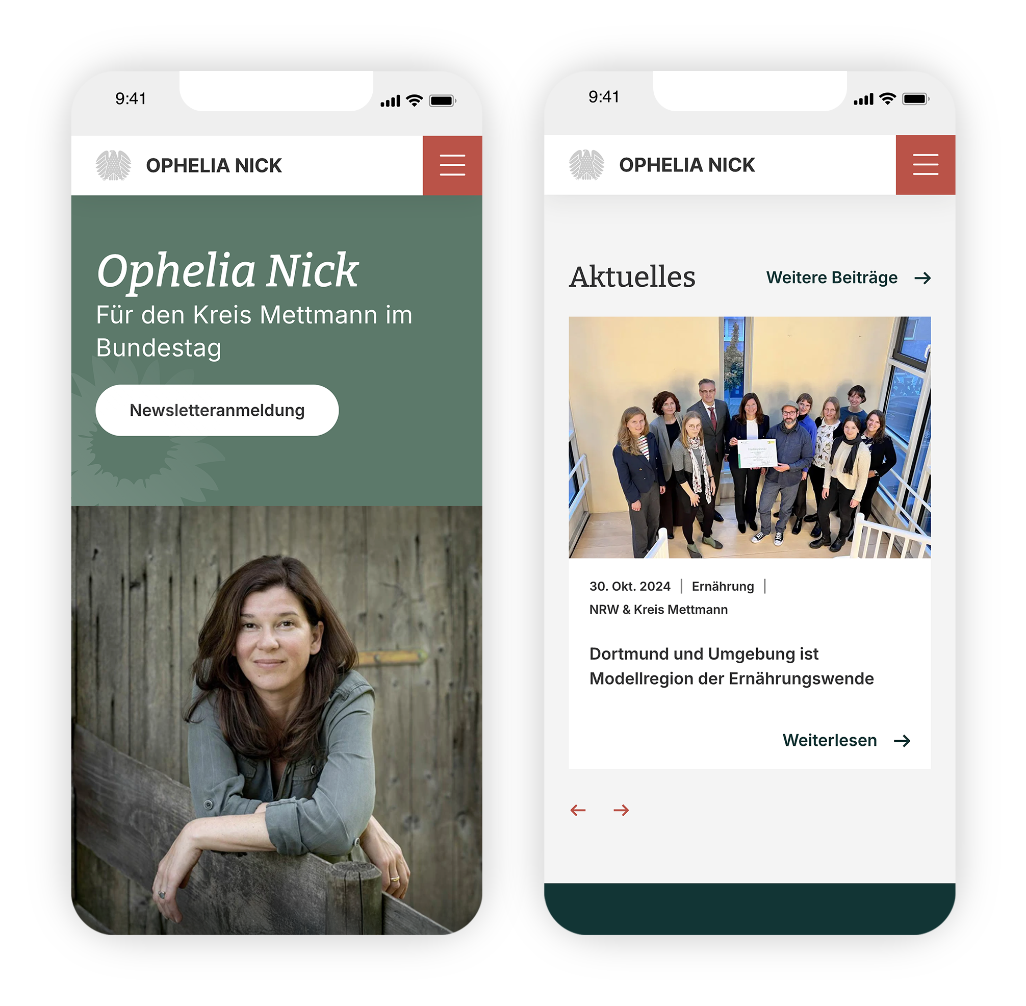 2 Mobilegerät-Ansichten der Website von Ophelia Nick, Startseite und News-Slider
