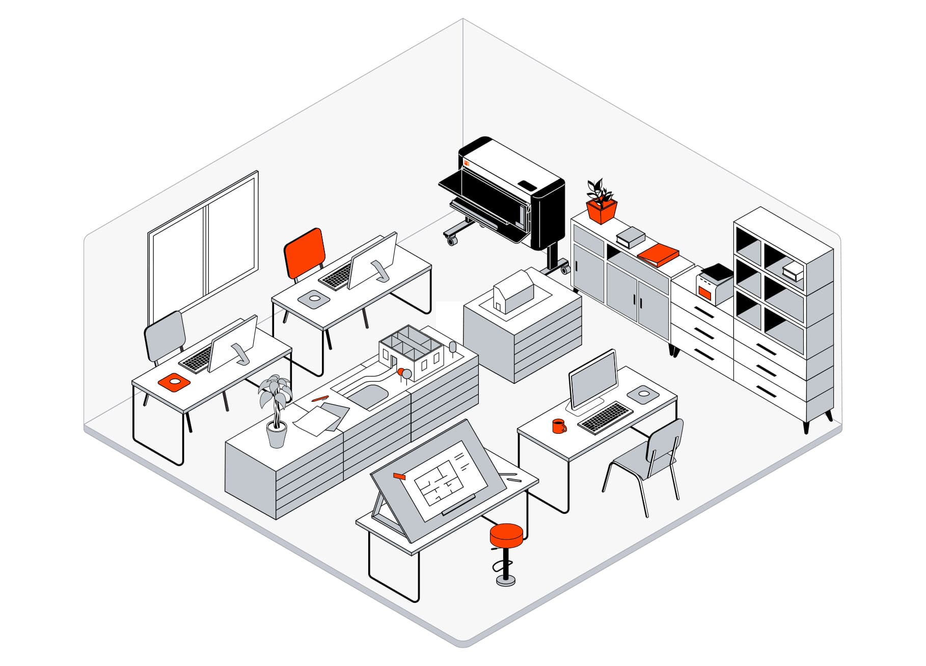 Illustration: Blick von oben in möblierten Büroraum mit integrierter Falzmaschine von ES-TE