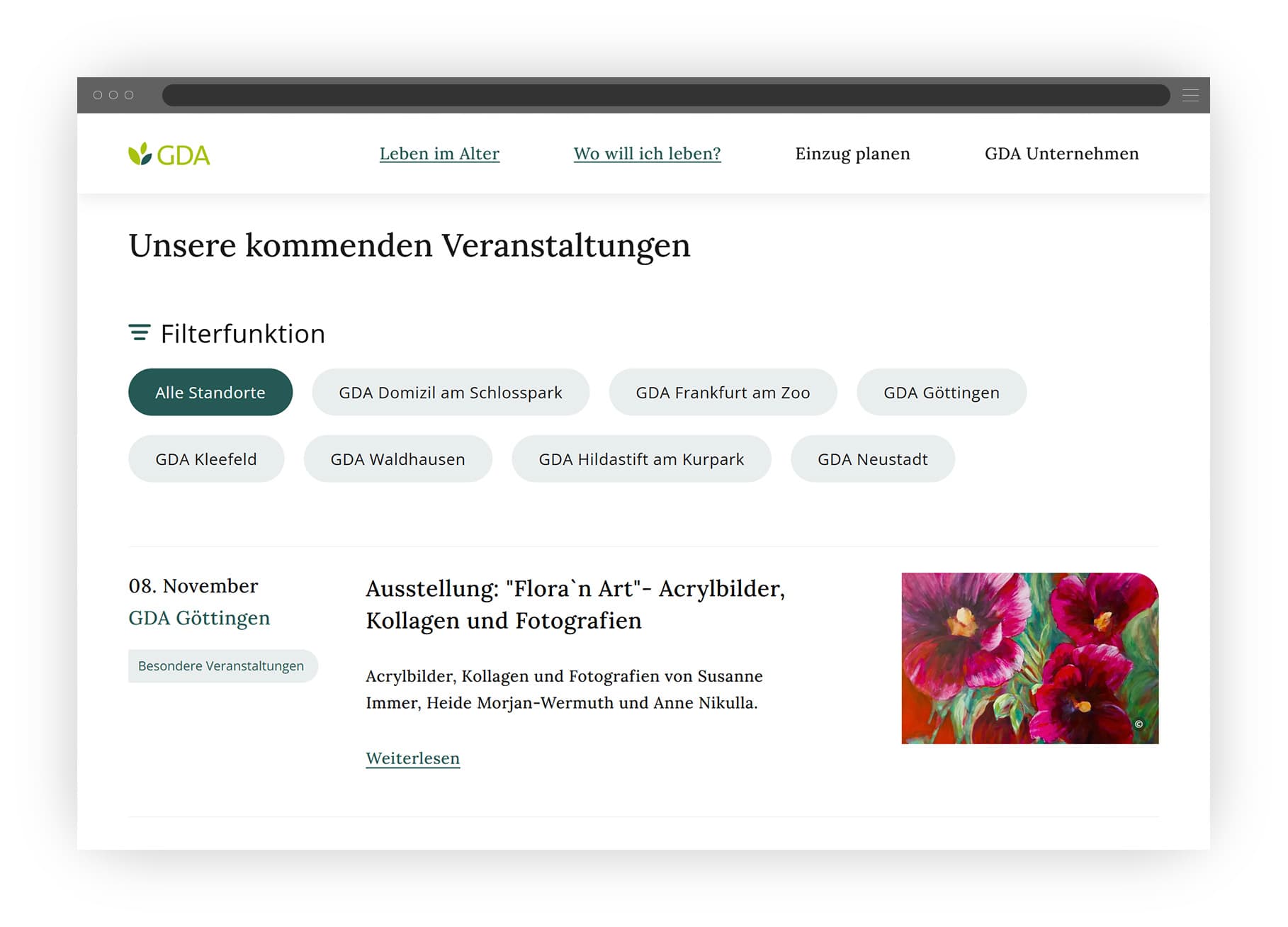Mock-up zeigt das Event-Grid der Website GDA.de.