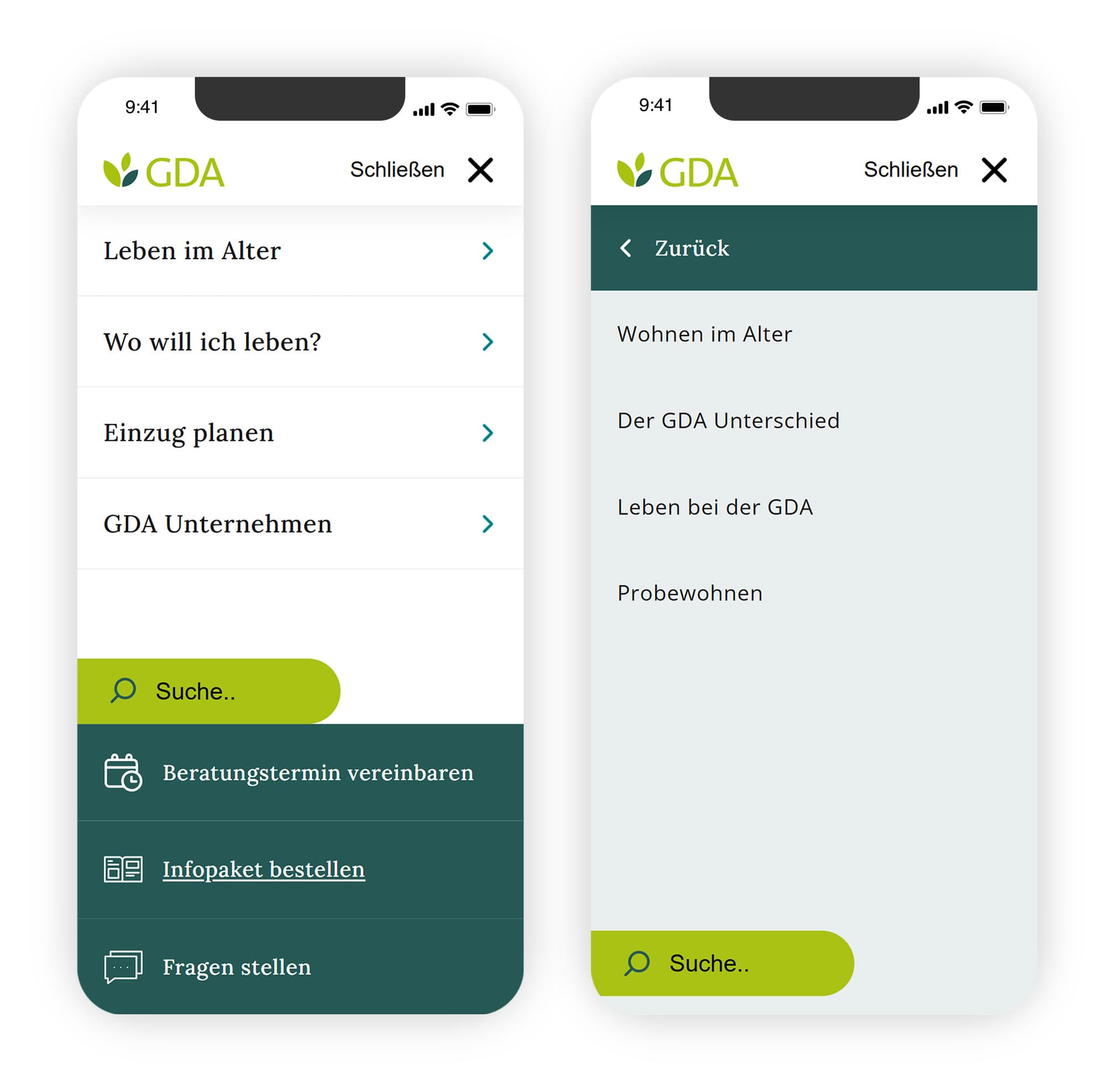 Mock-up zeigt zwei Smartphone-Ansichten des Menüs.