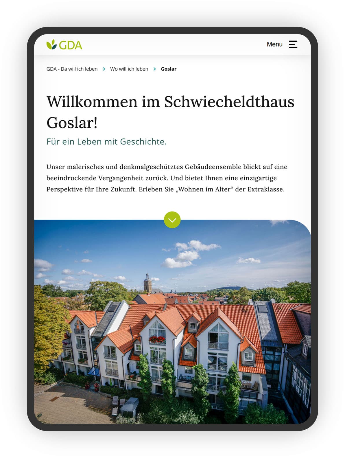 Mock-up eines Tablets mit Standortseite vom GDA Goslar. Text und Bild.