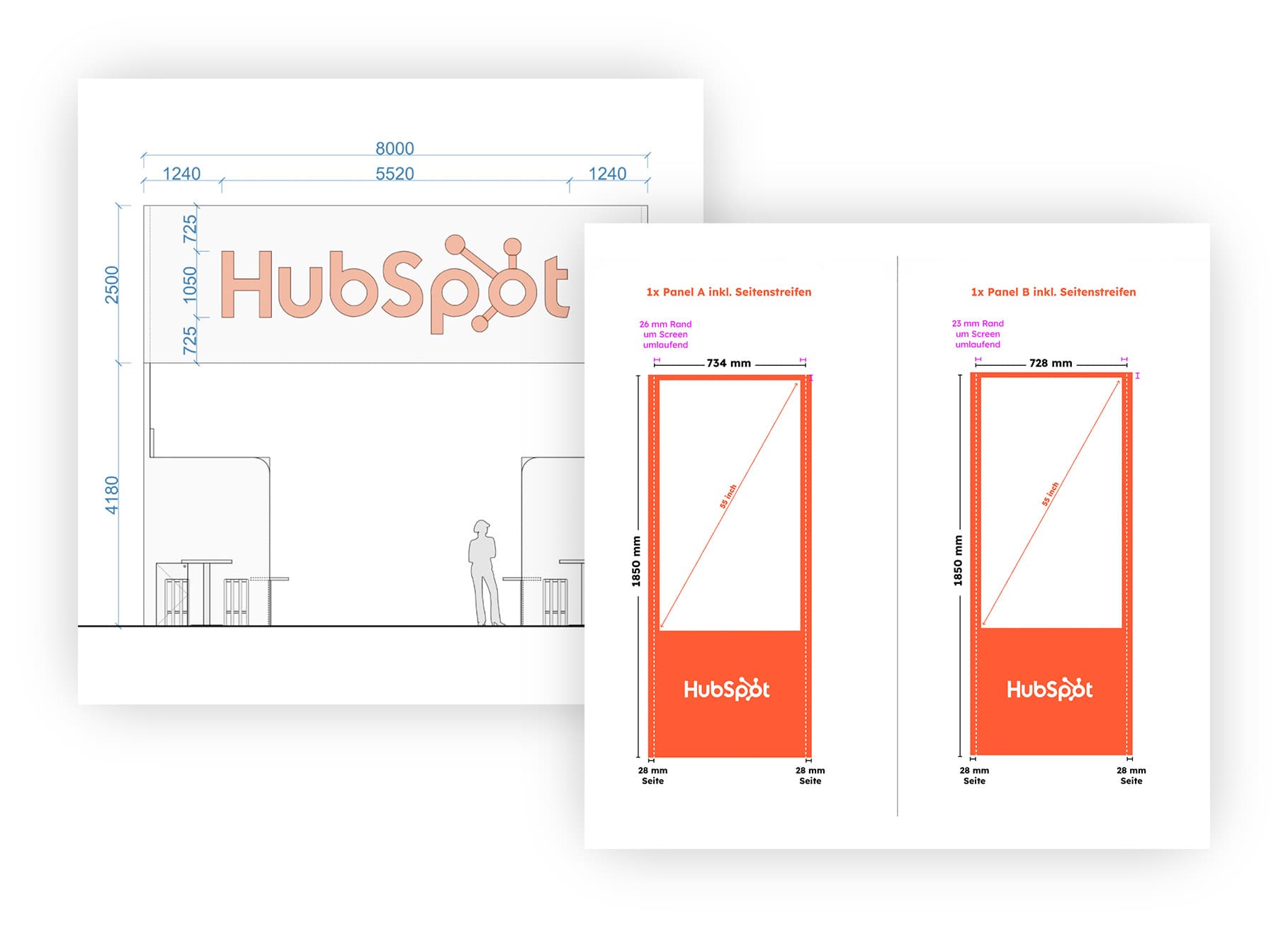 Vergleich von zwei HubSpot-Panel-Layouts für eine digitale Stele mit 85-Zoll-Screen, jeweils mit seitlichen Streifen, unterschiedlichen Randmaßen (26 mm bei Panel A, 23 mm bei Panel B) und Abmessungen von ca. 1850 mm Höhe und 734 bzw. 728 mm Breite.