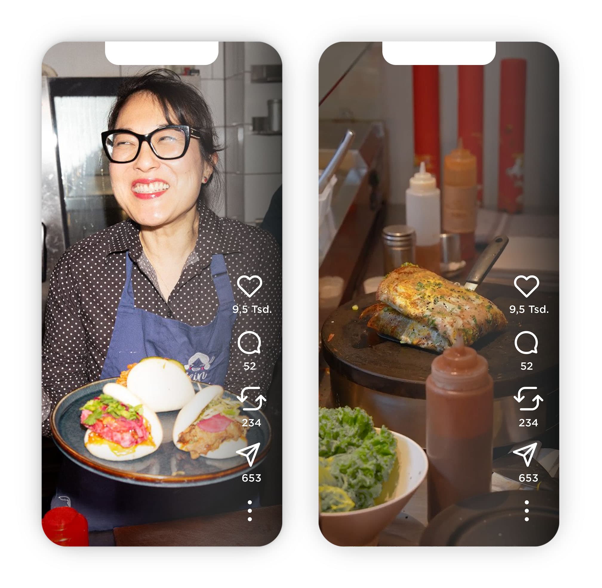 Bild mit zwei Screenshots vom Smartphone mit Köchin und Food-Foto sowie Icons