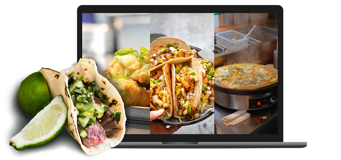 Headerbild: geöffneter Laptop mit Food-Aufnahmen im Screen sowie gefülltem Crêpe als Freisteller