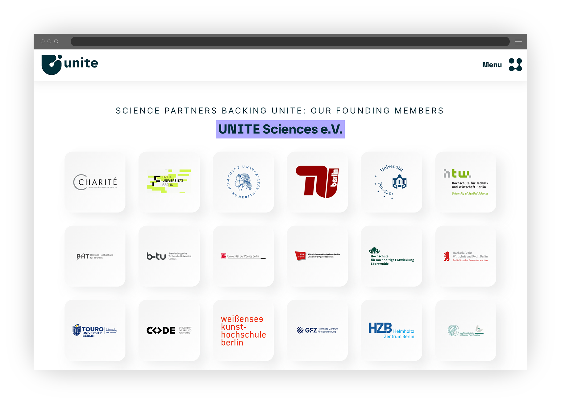 Desktopscreen mit Unite Website-Ausschnitt mit einem Bildgrid in Neomorphismus-Stil