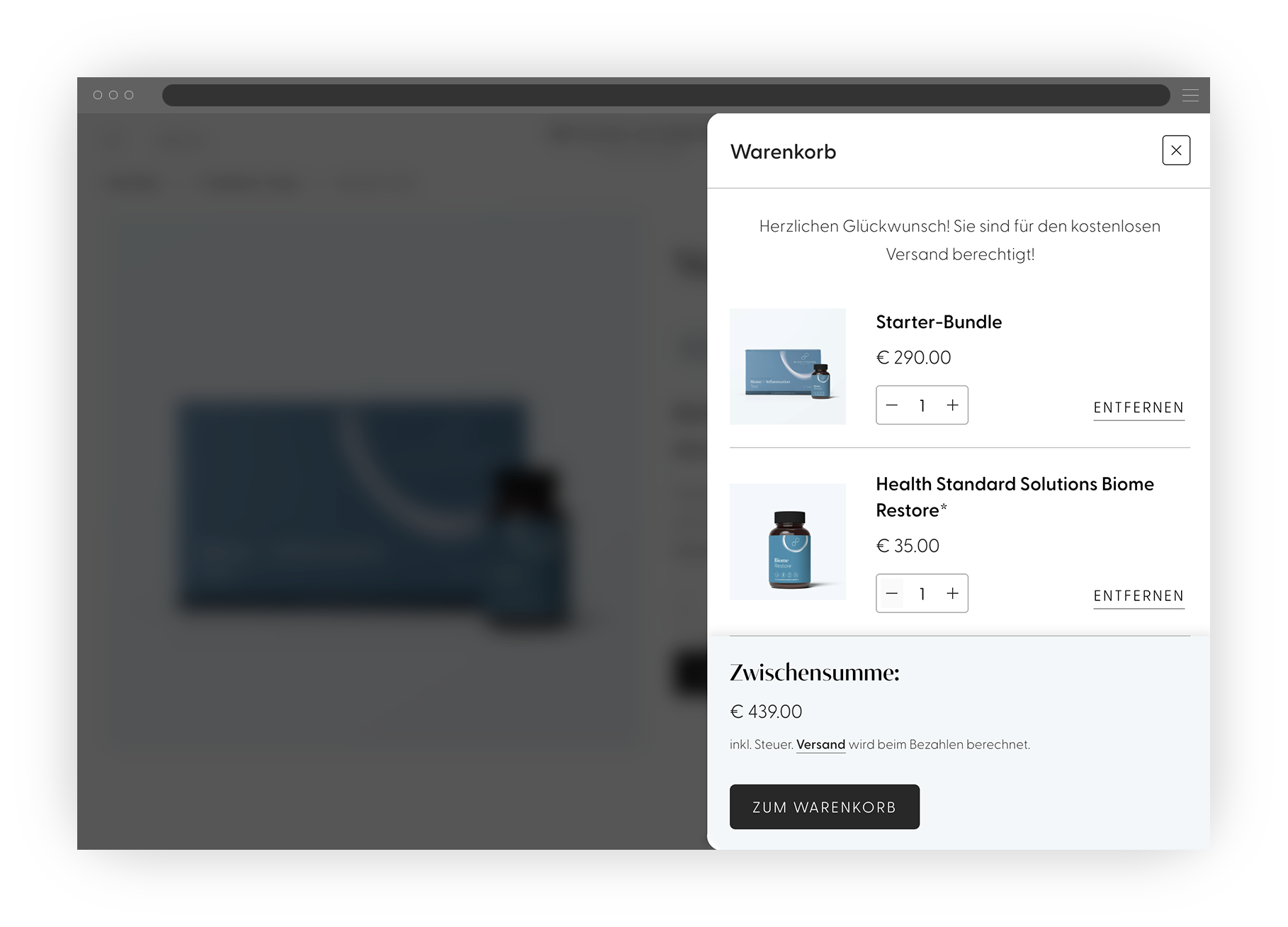 Desktop-Screen mit geöffneter Warenkorb-Information „kostenloser Versand“ des Onlineshops von Health Standard Solutions