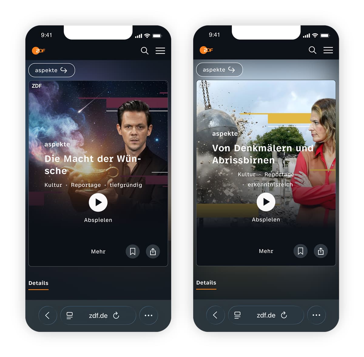 2 Smartphone-Mock-ups mit responsiven Thumbnails für die zdf-aspekte-Beiträge über Wünsche und Denkmalschutz