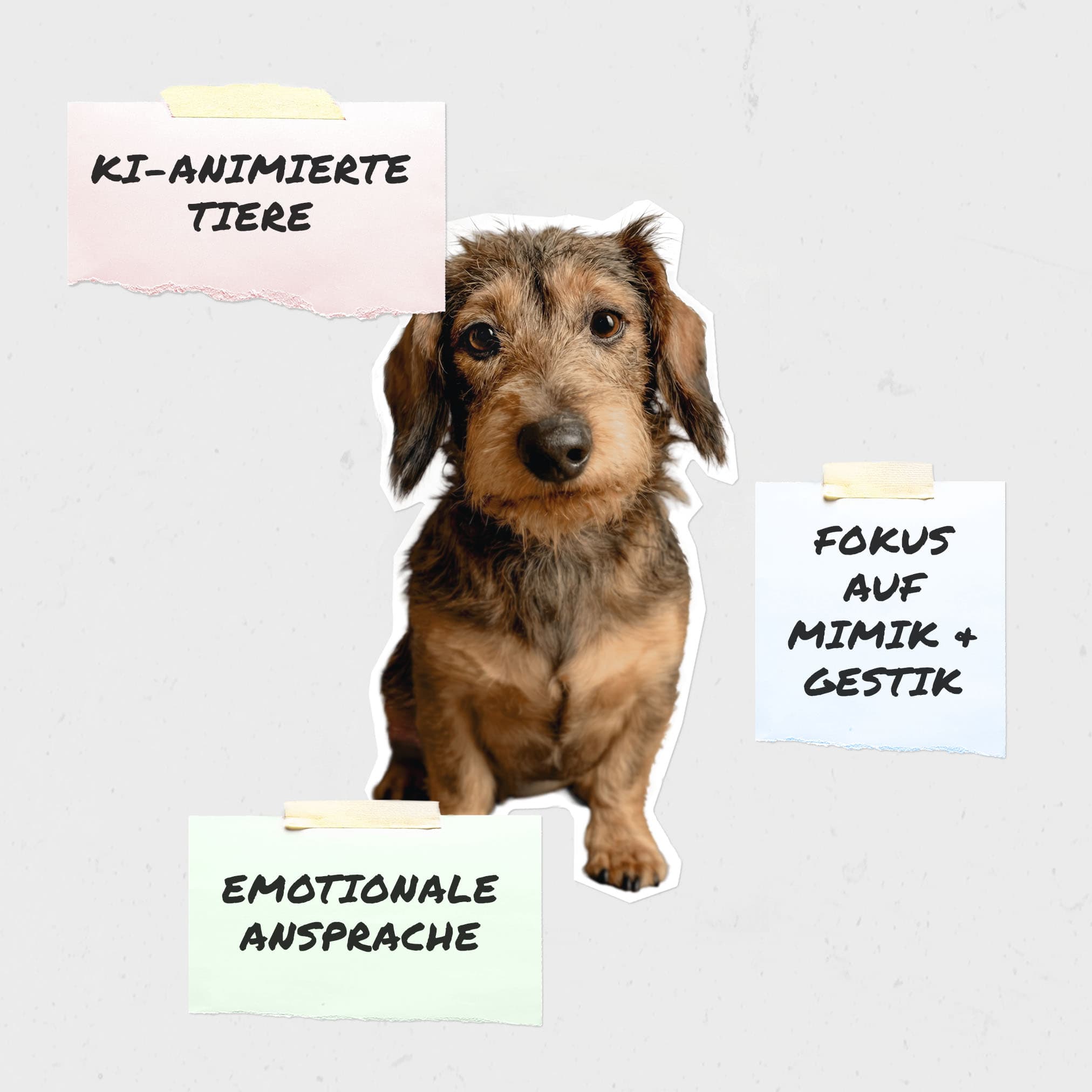 Dackel als freigestelltes Bild, umgeben von Haftnotizen mit den Texten „KI-animierte Tiere“, „Fokus auf Mimik + Gestik“ und „Emotionale Ansprache