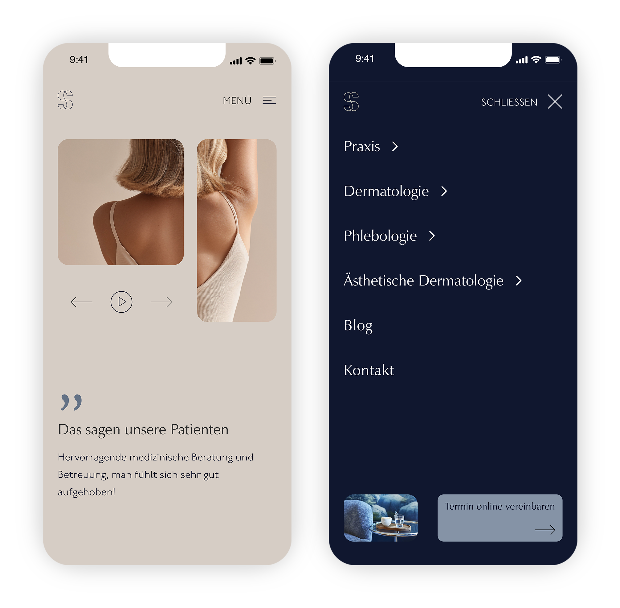 Zwei Smartphone-Bildschirme zeigen eine medizinische Website: links Patientenmeinung mit Bild einer Frau von hinten, rechts Menü mit Praxisbereichen und Kontakt.