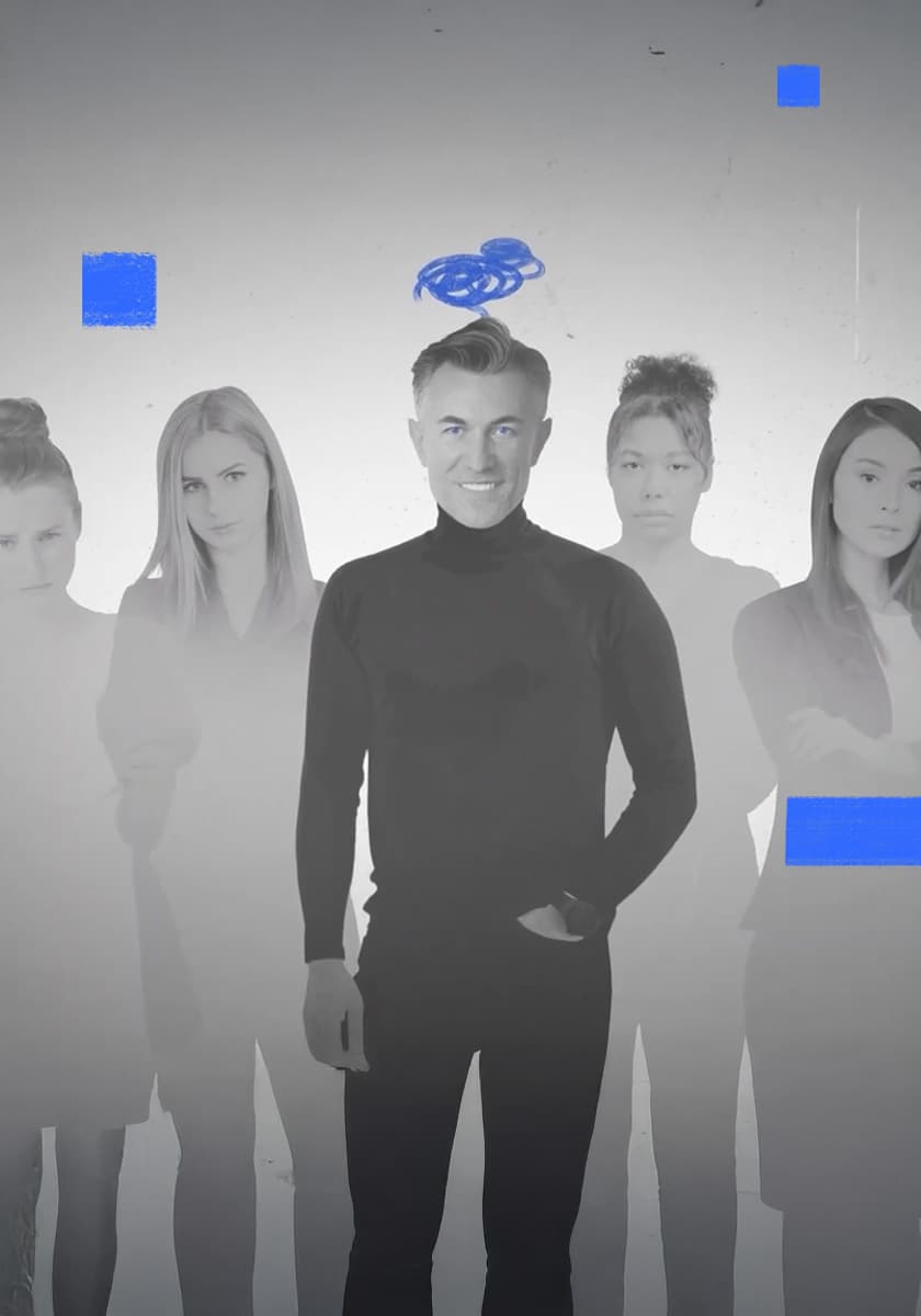 Bild für aspekte-Beitrag über Führungsstile von Chefs: Gruppe von fünf Personen (ein Mann, vier Frauen) in Schwarz-Weiß-Darstellung, wobei die mittlere Person im Vordergrund steht.