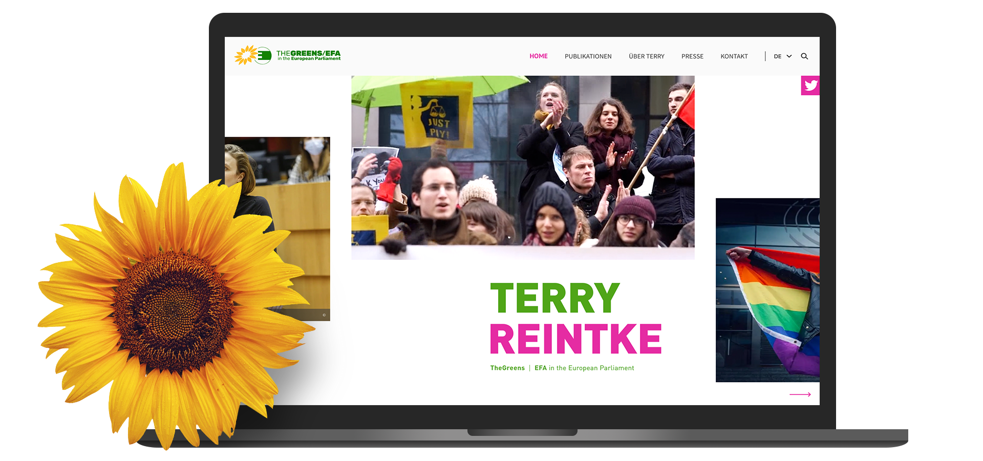 Das Bild zeigt einen Laptop mit der Startseite von Terry Reintkes Website und einer Sonnenblume davor.