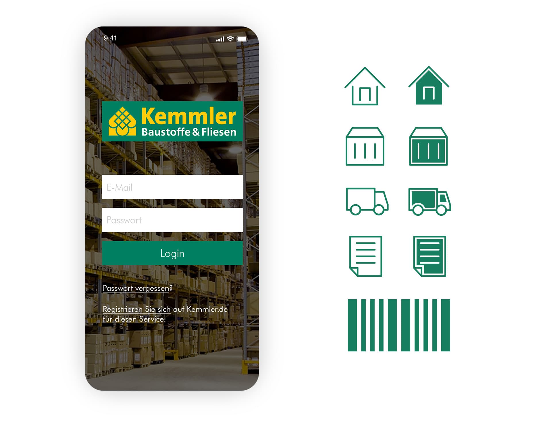 Abbildung der Anmeldeseite der Kemmler-App mit Iconset