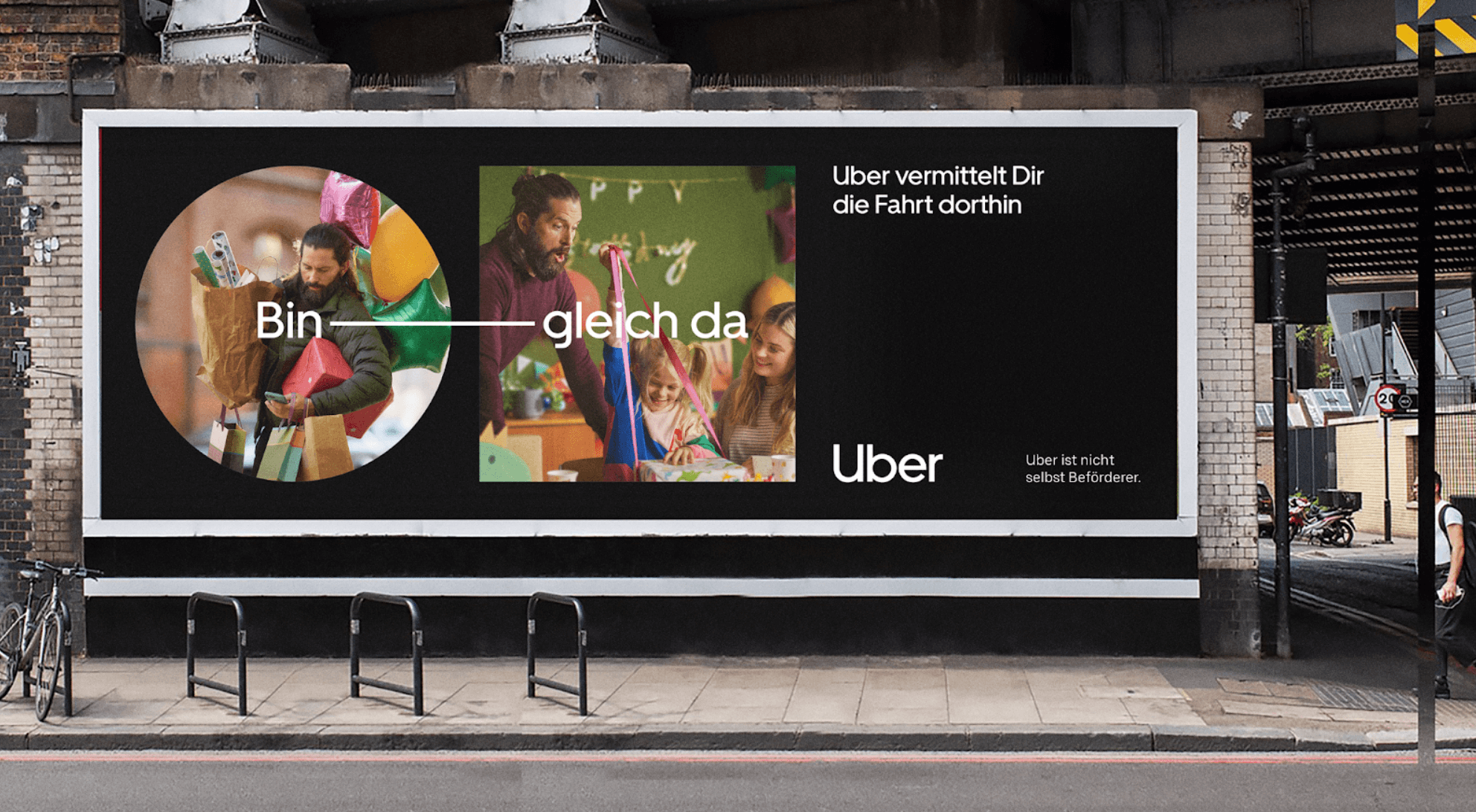 Bild von der Uber-Kampagne Bin gleich da mit Plakatwerbung im Straßenszenario als gutes Beispiel für erfolgreiches Storytelling im Marketing.