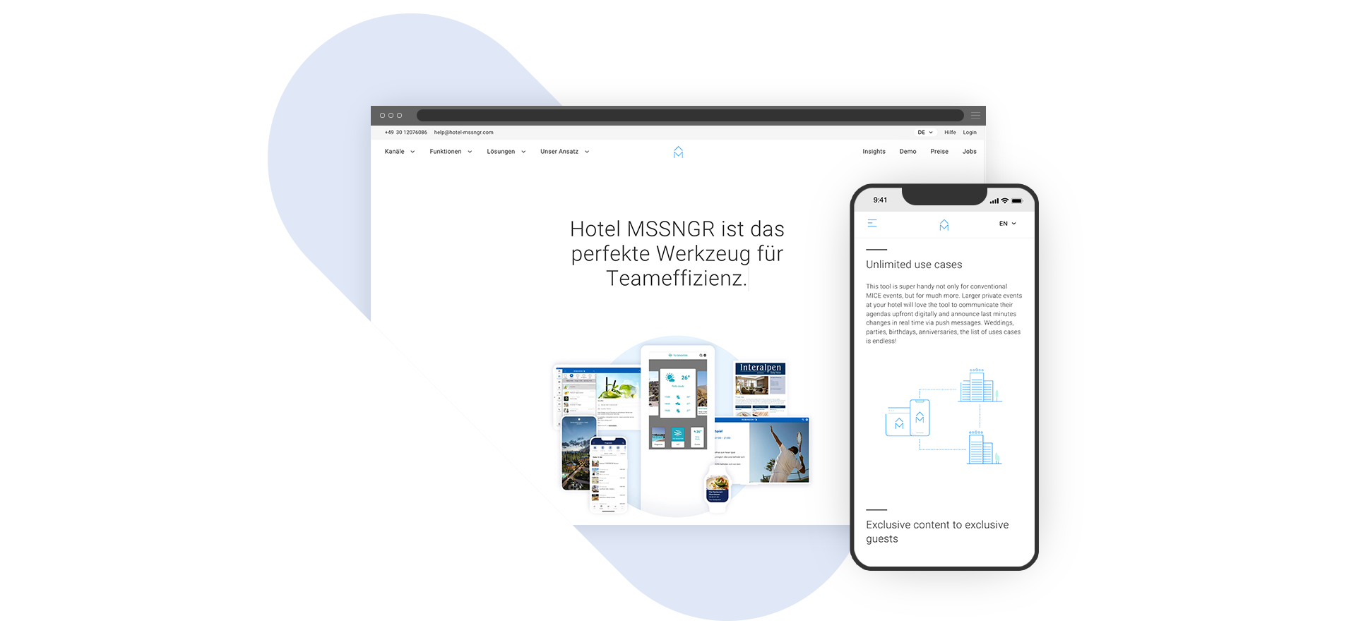 Hotel Mssngr Website Screen und Mobilansicht
