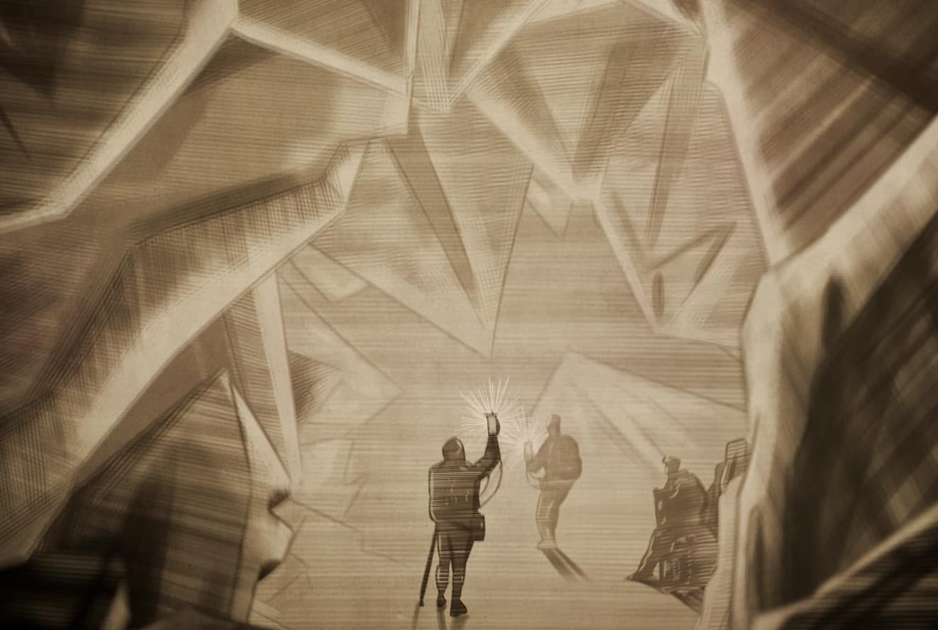 Illustration von Entdecker in Höhle im Stil von Jules Vernes