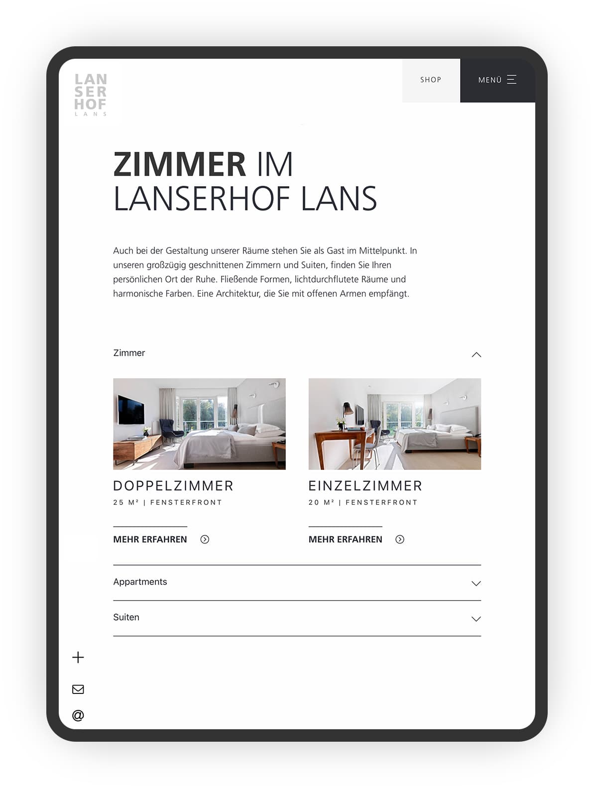 Tabletview der Zimmer von Lanserhof Resort