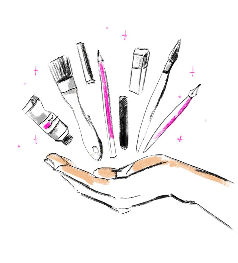 Es lebe die illustration, zu sehen sind utensilien wie pinsel, farbe, stifte, radierer und tinte