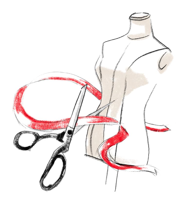 modedesigner antonio lopez mode-illustration einer modepuppe mit Schere und rotem Band