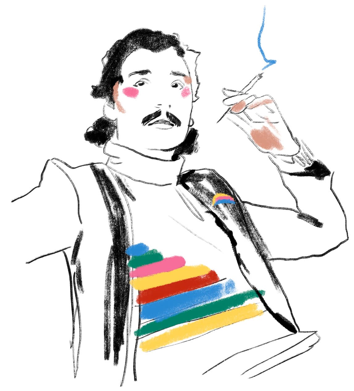 Portrait Illustration des Modeillustrators Antonio Lopez mit regenbogen Farben und buntem t-shirt print