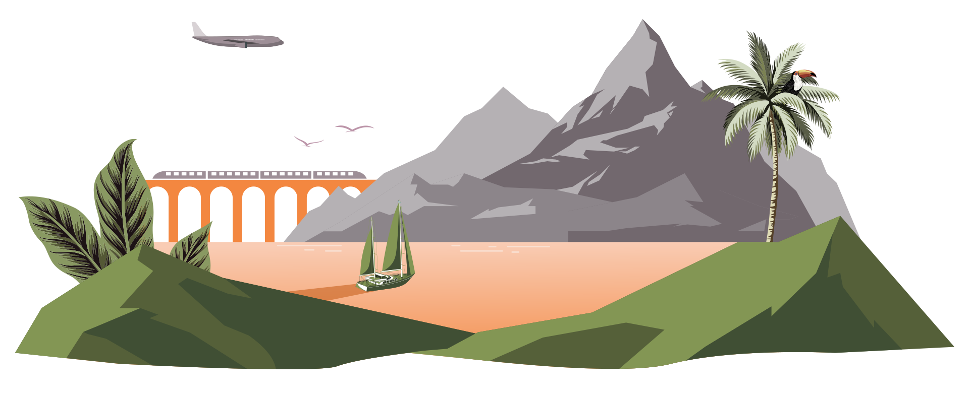 Vektor-Graphik zum Thema reisen mit Flugzeug, Zug und Boot