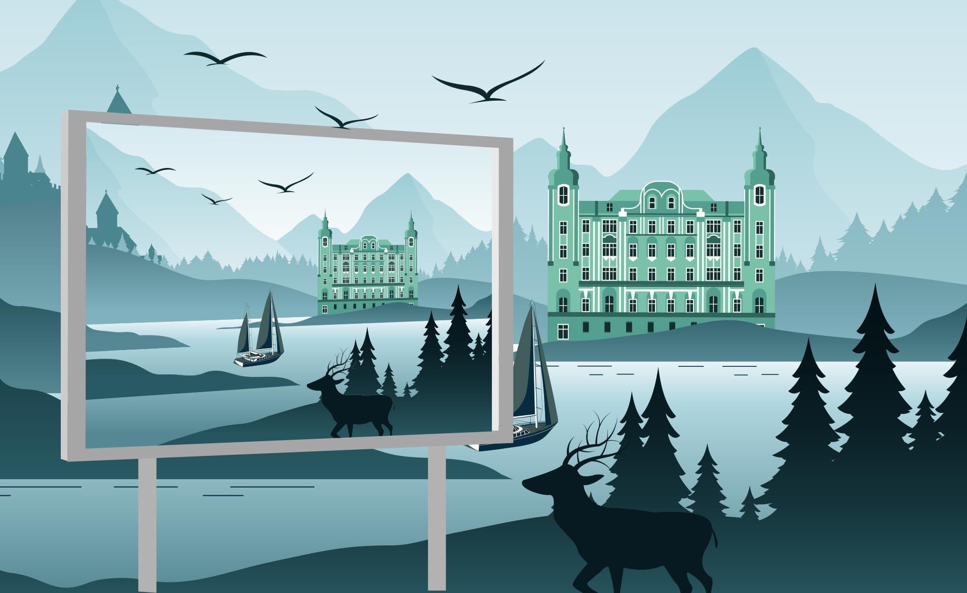 Vektor-Graphik zum Thema Reisen mit Landschaft und Schloss aus Attraktion