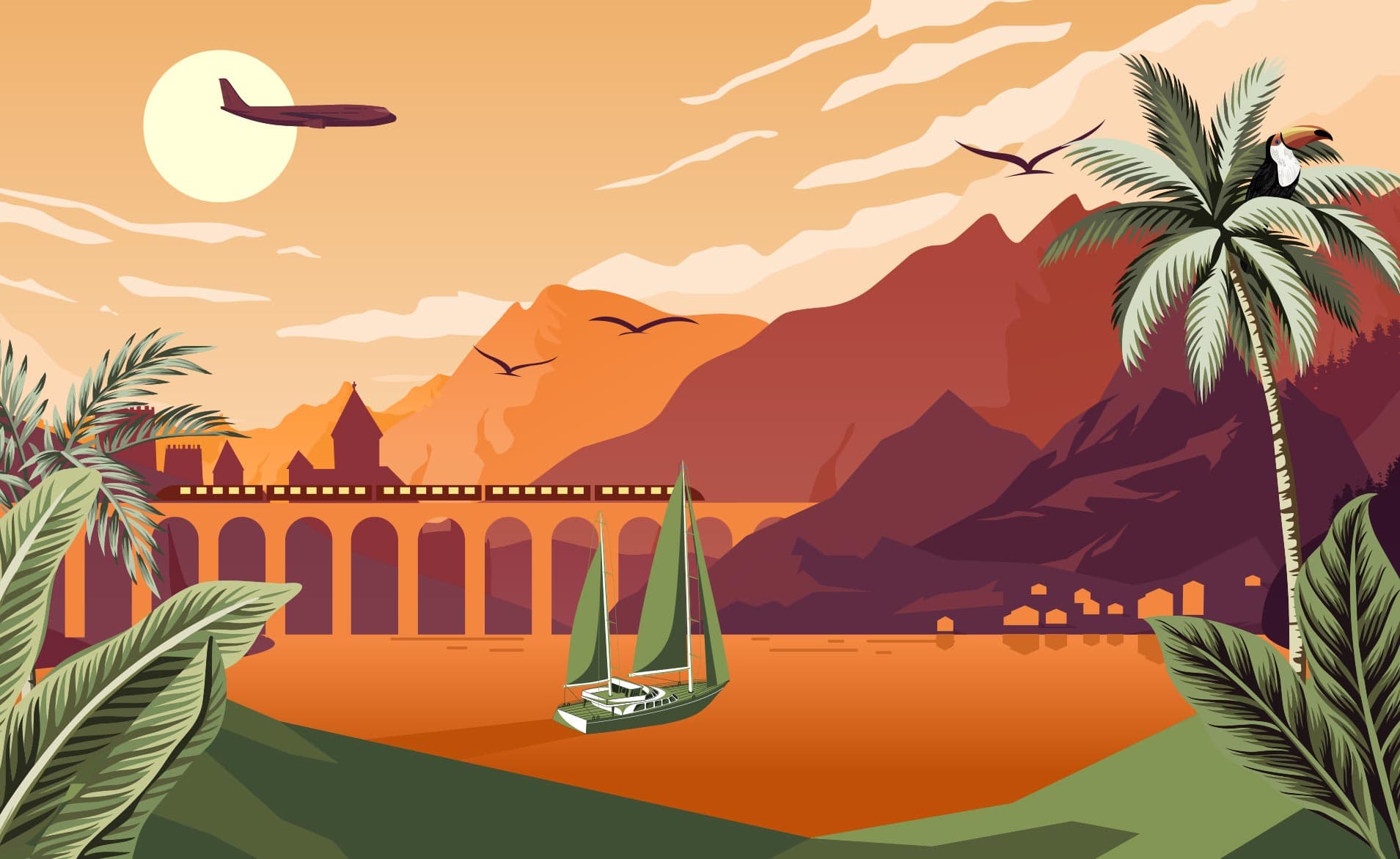 Vektor-Graphik zum Thema reisen mit Flugzeug, Zug und Boot