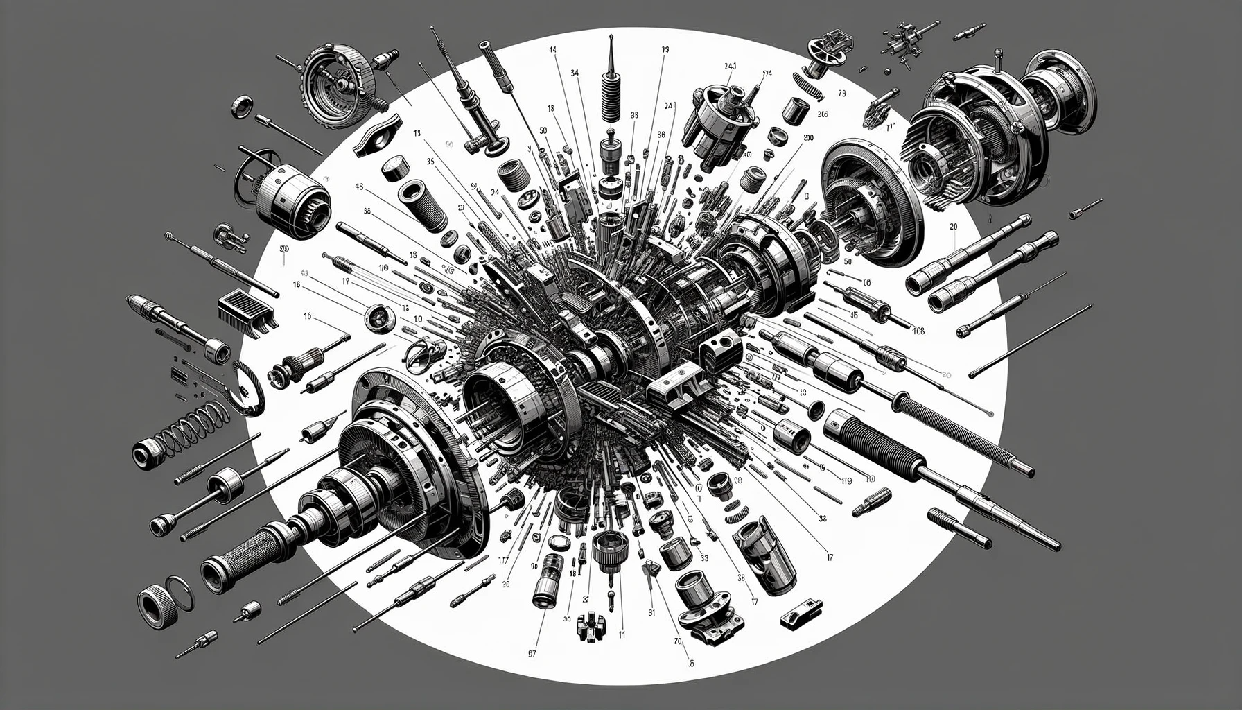 Eine technische Illustration eines Explosionsdiagramms, das ein komplexes mechanisches Gerät zeigt, das in Einzelteile zerlegt ist.
