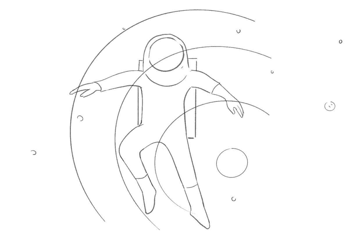 Schwarz-weiß Skizze mit schwebenden Astronauten