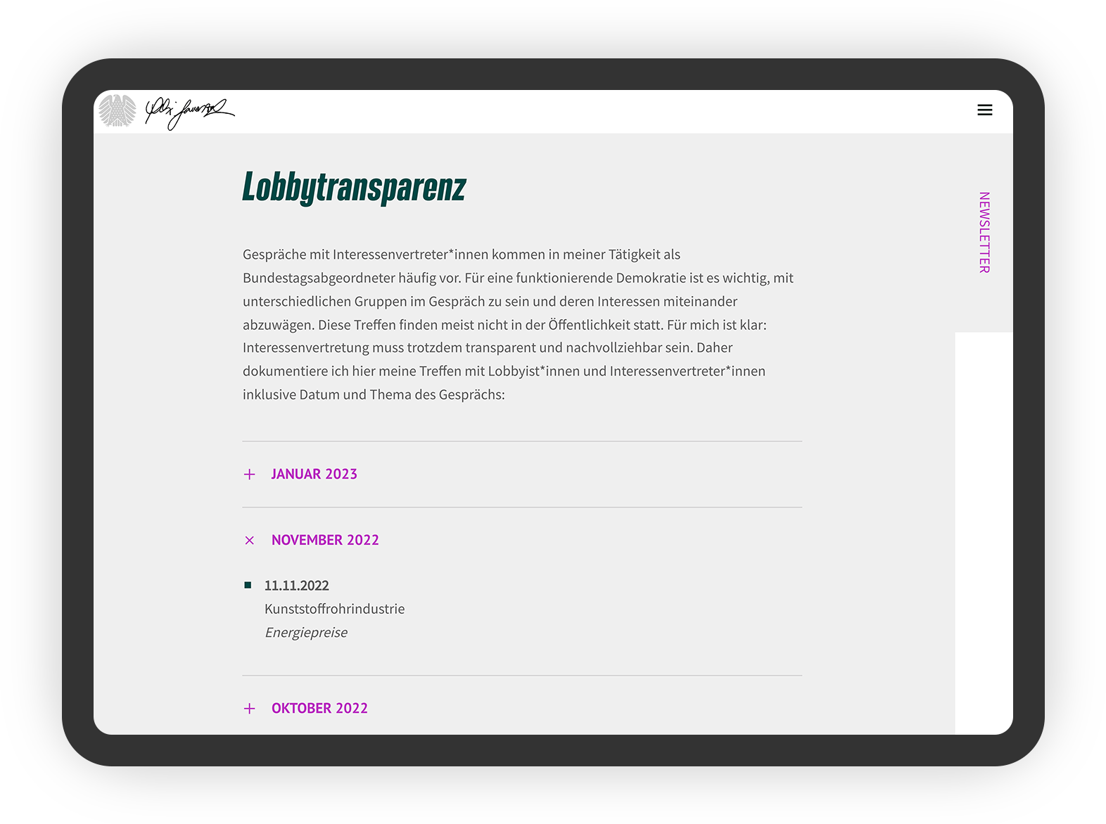 Tablet Ansicht mit Screenshot von Felix Banaszak-Website Bereich zum Thema Lobbytransparenz
