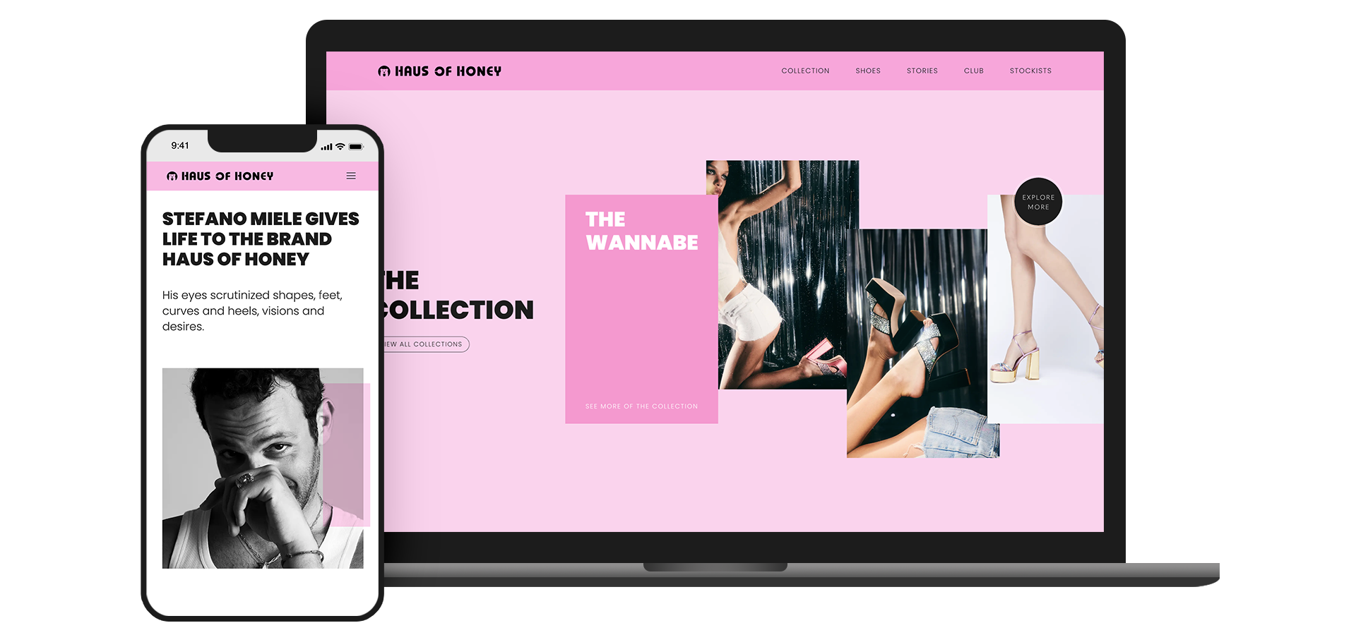 Collage mit Laptop und mobilem Gerät die Haus of honey-Website zeigen