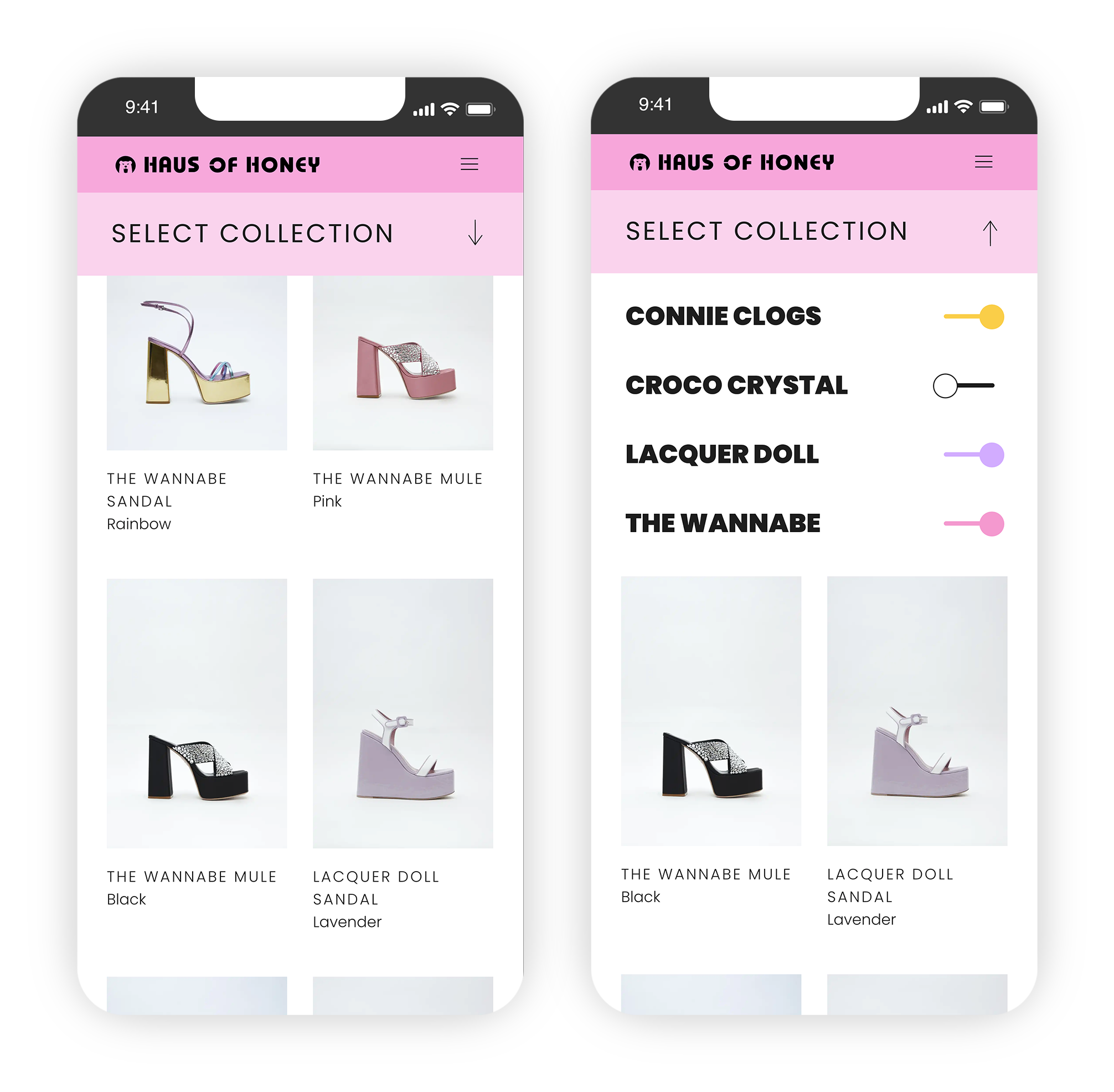 Collage aus mobilen Ansichten mit Schuhübersicht und Kollektionen, die ab und -zugewählt werden