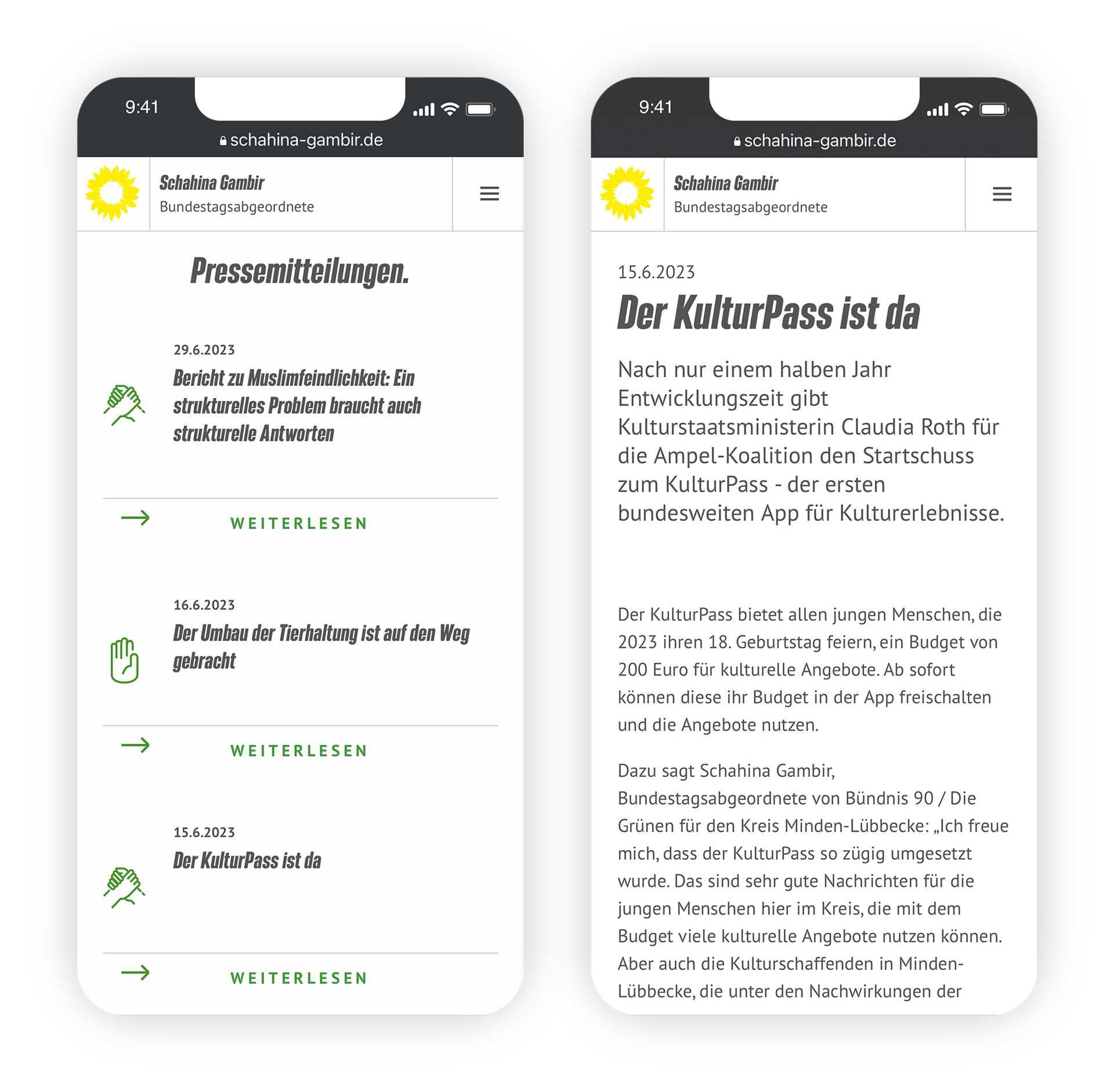 Darstellung von zwei mobilen Screens mit Inhalten von Pressemitteilungen.