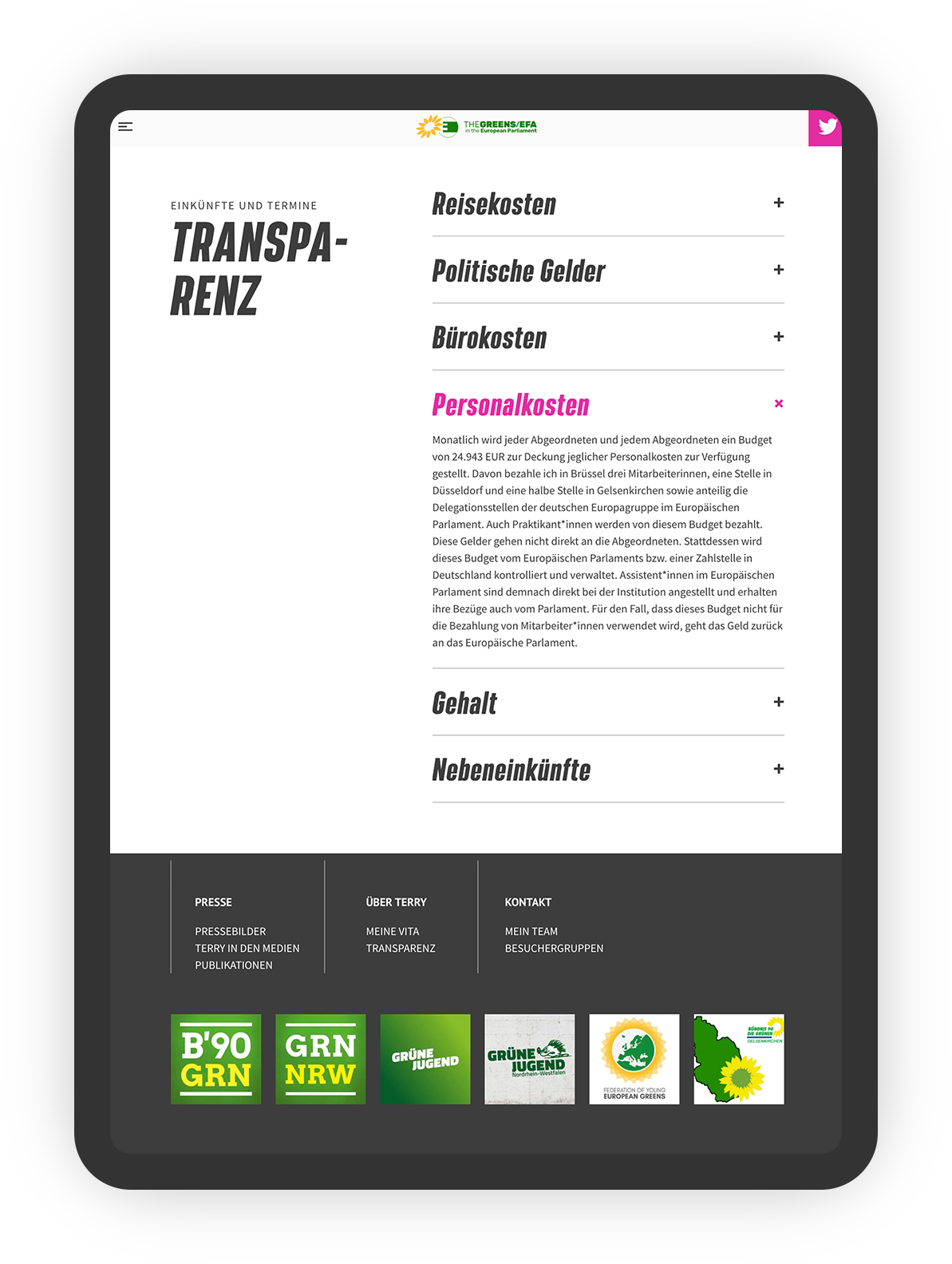 Vertikale Tablet-Ansicht mit einem Screenshot der Transparenz-Unterseite auf der terry Reintke-Website.