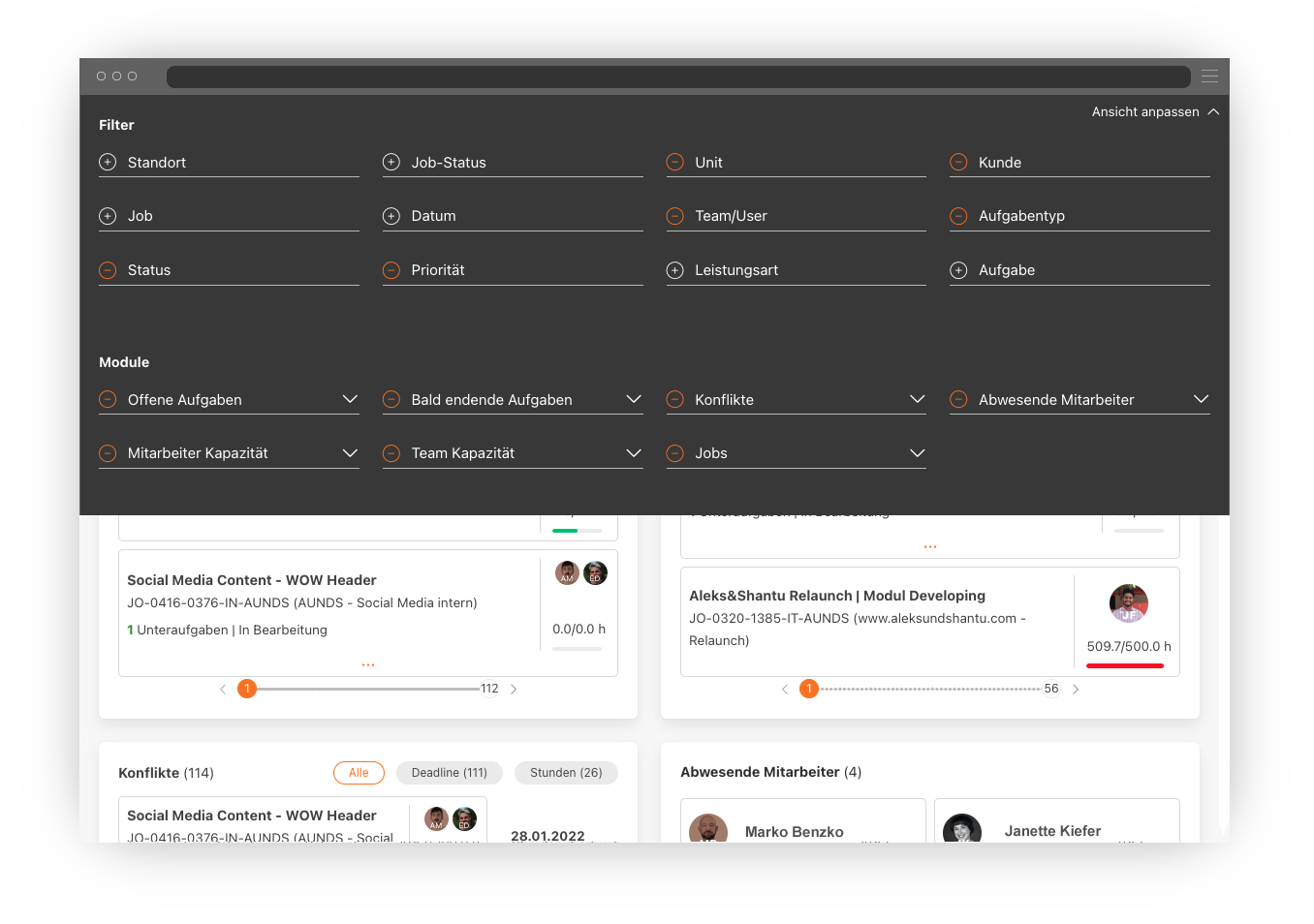 Screen-Mockup mit Dashboard-Ansicht des Projekt-Management-Tools mit ausgeklappter Filterfunktion
