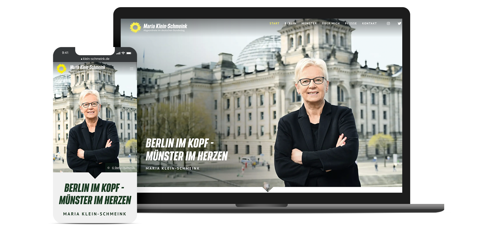 Mobile- und Desktopscreens von der Startseite von Maria Klein-Schmeink.
