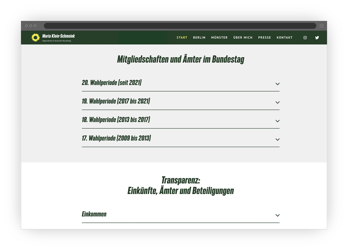 Die Übersicht der Mitgliedschaften von Maria Klein-Schmeink auf ihrer Website.