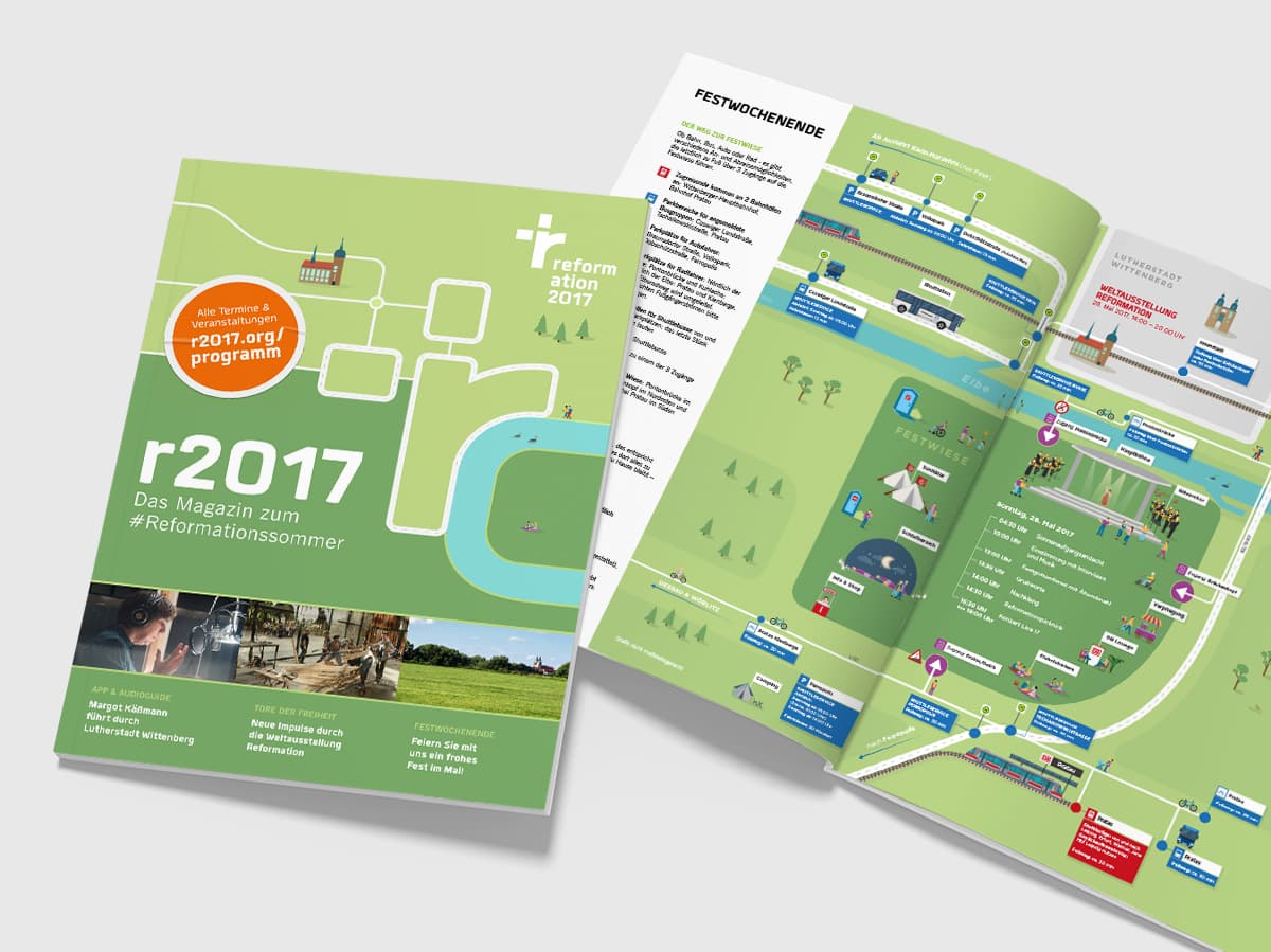 Magazin-Broschuere mit Illustration am Titel und illustrierter Karte