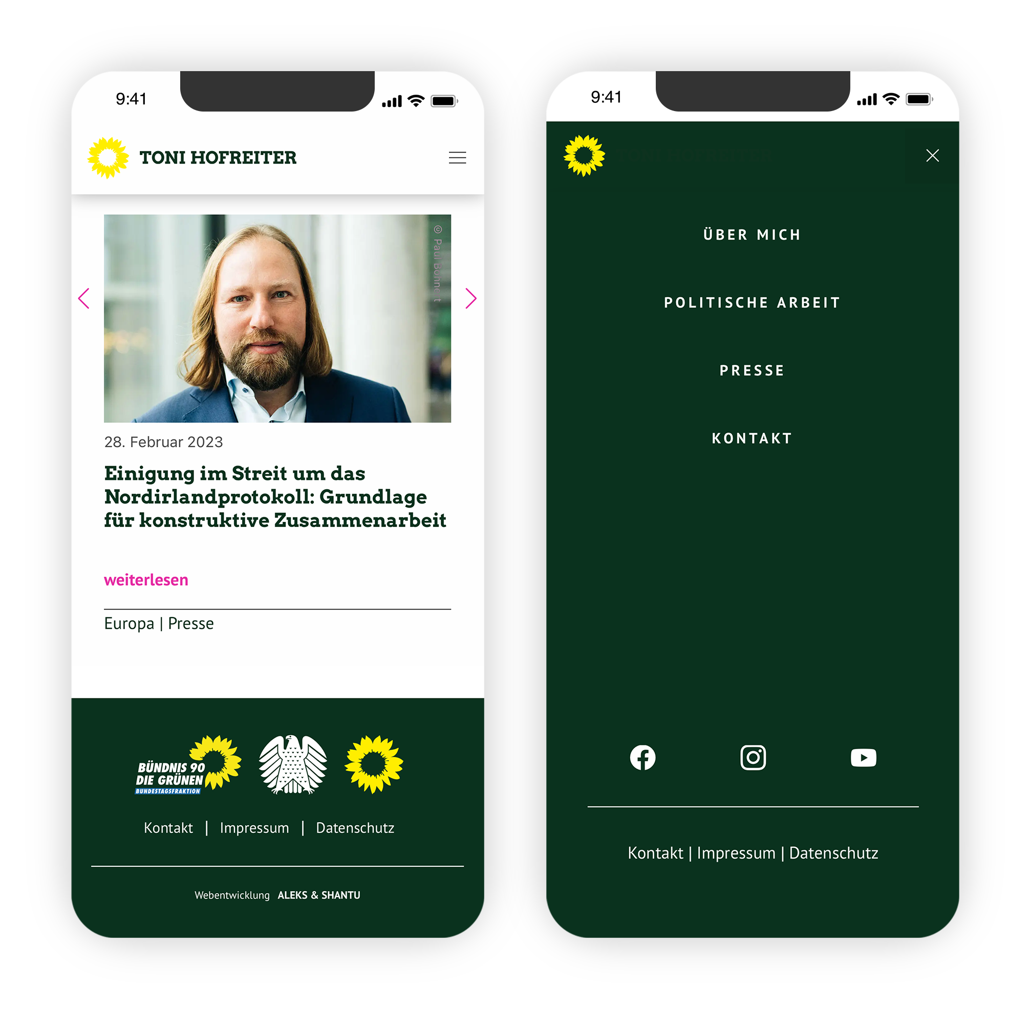 Zwei Smartphone-Screens zeigen die Anton-Hofreiter-Website mit einem Slider, Text und Kategorien sowie dem aufgeklappten Hauptmenü.