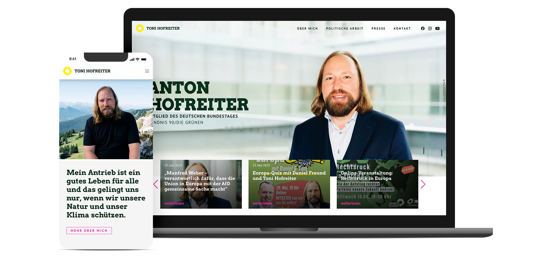 Laptop und Smartphone zeigen Anton-Hofreiter-Website mit Startseitenheasder und -Contentelementen.